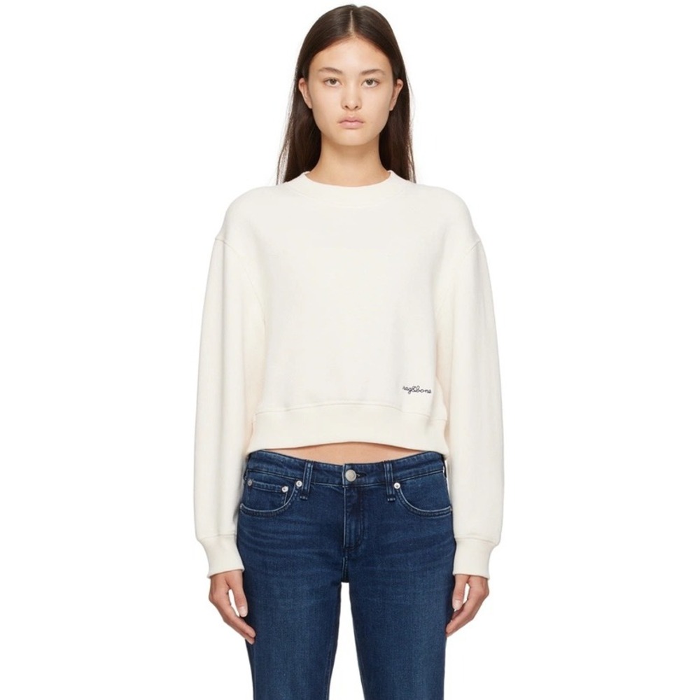 Rag & Bone Women Cream Cropped Logo Sweatshirt Off White Size S Long Sleeve